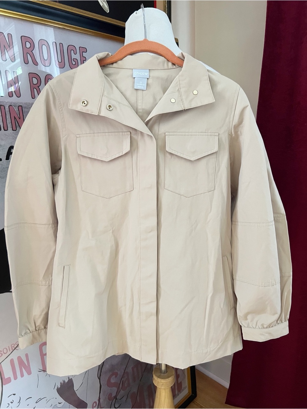 Chico's Khaki Double Breasted Gold Snap Windbreaker Jacket - Size 0